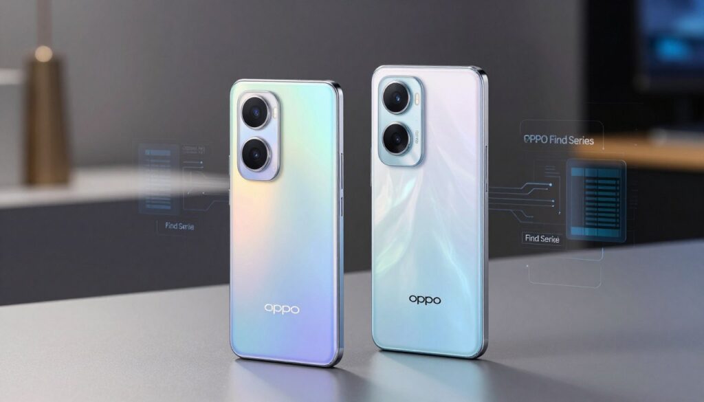 A dynamic comparison scene showcasing two flagship smartphones: the OPPO Reno and the OPPO Find Series. In the foreground, display the two smartphones side by side on a sleek, glossy surface, with each phone facing the viewer to highlight their design details. The OPPO Reno should feature its distinctive color gradient and camera array, while the OPPO Find Series showcases its futuristic design and advanced camera features. The middle ground can include subtle tech-themed elements like circuit patterns or data visualizations, enhancing the tech-savvy atmosphere. In the background, use soft-focused ambient lighting to create a modern, sophisticated mood. Use a slightly angled perspective to add depth, and ensure the overall composition is clean, sharp, and visually appealing without any text or extraneous elements.