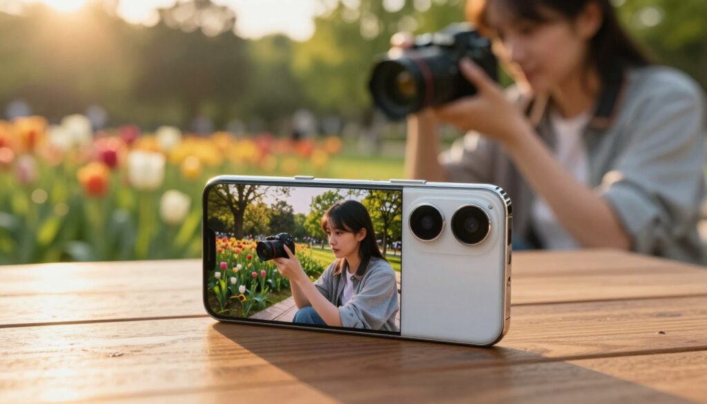 A sleek, modern smartphone lies on a polished wooden table, showcasing its advanced camera system designed for portrait and professional photography. The smartphone screen displays a vivid photo of a model captured in a vibrant outdoor park during golden hour, highlighting the camera's capabilities. In the foreground, a close-up of the smartphone's dual-lens camera setup emphasizes its sharp details. The middle ground features a photographer in smart casual attire, adjusting the smartphone for a perfect shot, with a blurred background of blooming flowers and lush greenery. The sunlight casts a warm, golden glow, creating a cheerful mood, while soft shadows enhance the depth of the image, making it inviting for readers interested in mobile photography.